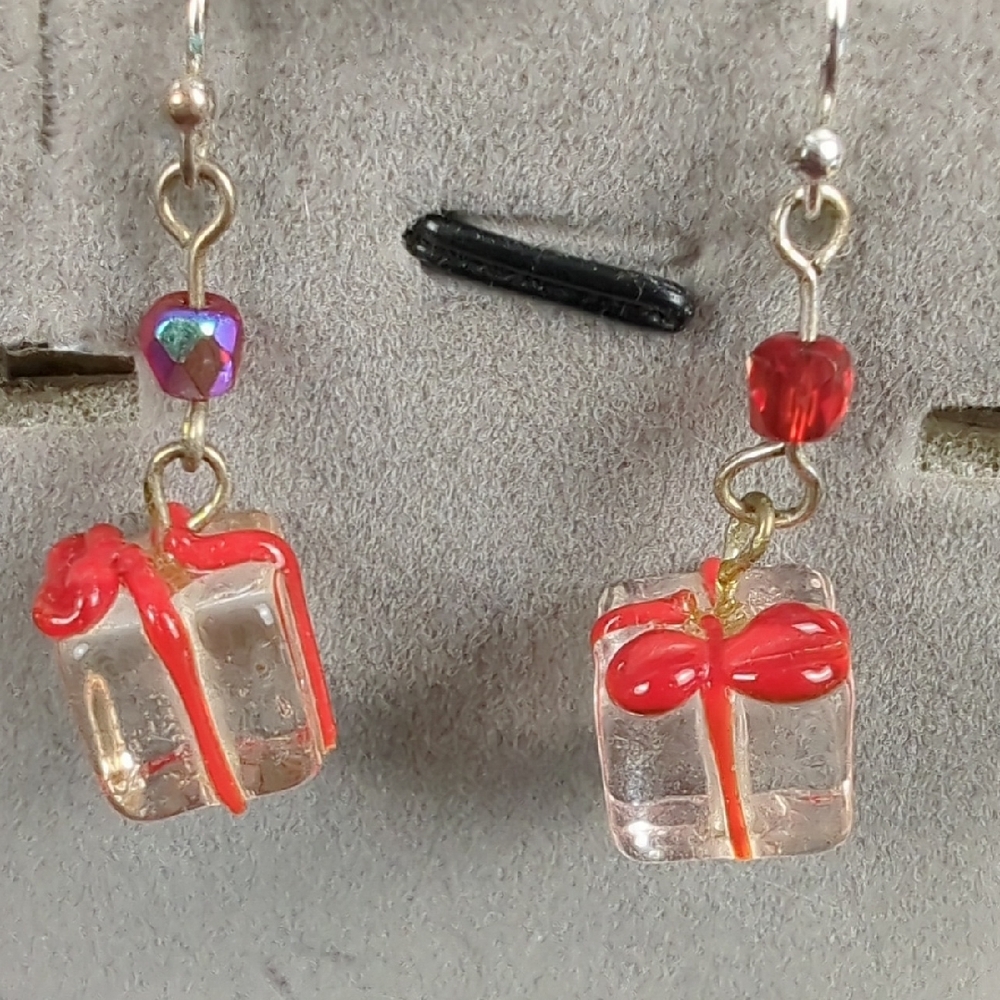 Red Gift Box Dangle Earrings with Clear Cubes - Women Jewelry